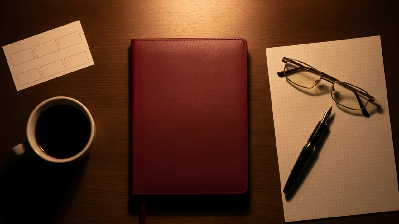 Editör masasında kırmızı defter, dolma kalem ve gözlük