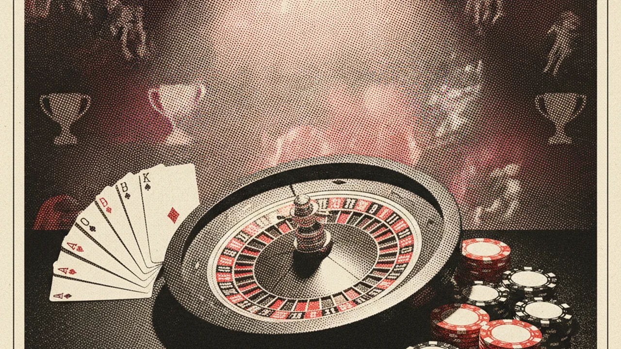 Rulet çarkı, oyun kartları ve casino çipleri